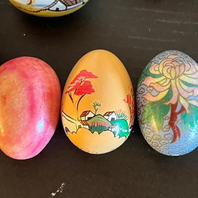 Large Lot Eggs - Antique Milk Glass, Cloisonne, Etched & Polished Stone