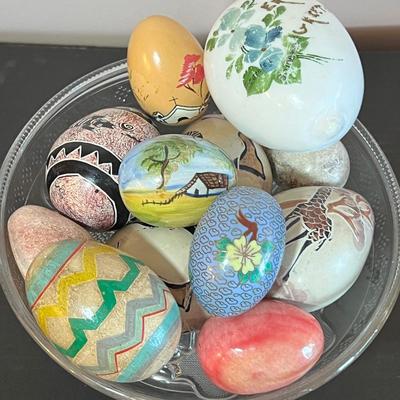 Large Lot Eggs - Antique Milk Glass, Cloisonne, Etched & Polished Stone
