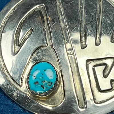 LARGE ROUND STERLING EARRINGS, ARTIST SIGNED, TURQUOISE INSET