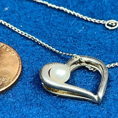 SILVER NECKLACE WITH REAL PEARL IN HEART PENDANT, FINE CHAIN