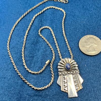 STERLING MESO-AMERICA MOTIF PENDANT NECKLACE WITH INSET LAPIS LAZULI