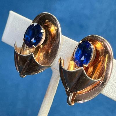 VINTAGE STERLING MODERNISTIC STYLE EARRINGS WITH CLEAR & BLUE PRONG SET RHINESTONES