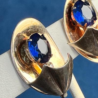 VINTAGE STERLING MODERNISTIC STYLE EARRINGS WITH CLEAR & BLUE PRONG SET RHINESTONES