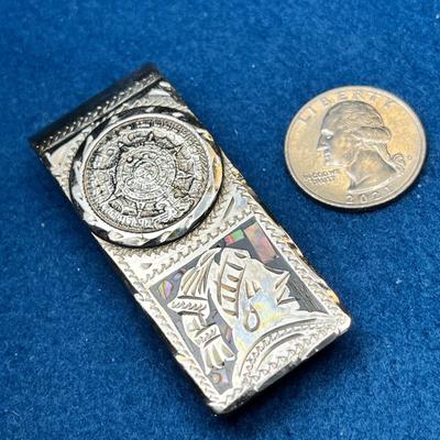 STERLING MONEY CLIP WITH INSET ABALONE & AZTEC DESIGN