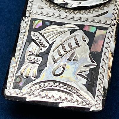 STERLING MONEY CLIP WITH INSET ABALONE & AZTEC DESIGN