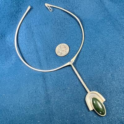 MODERNISTIC SOLID BAND STERLING NECKLACE WITH DARK GREEN STONE PENDANT