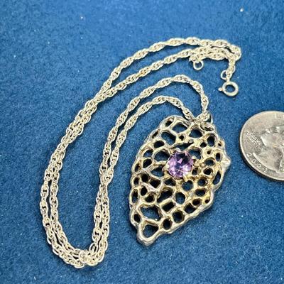 STERLING OPENWORK LEAF? PENDANT NECKLACE WITH INSET PURPLE RHINESTONE