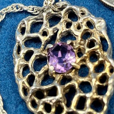 STERLING OPENWORK LEAF? PENDANT NECKLACE WITH INSET PURPLE RHINESTONE