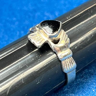 STERLING CLADDAGH RING WITH INSET BLACK STONE