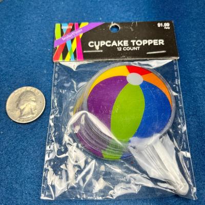 12 COUNT BEACH BALL THEMED CUPCAKE TOPPERS NEW IN PACKAGE