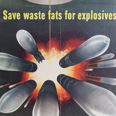 ORIGINAL WWII 1943 "We have just begun to fight!" & "Save waste fats for explosives" Thick Posters