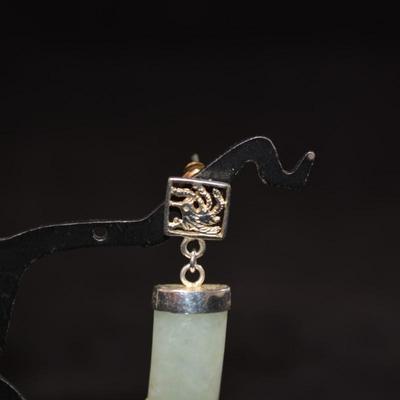 925 Sterling Curved Jade Hummingbird Drop Earrings, 4.9g
