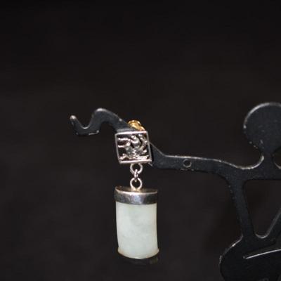 925 Sterling Curved Jade Hummingbird Drop Earrings, 4.9g