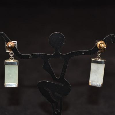 925 Sterling Curved Jade Hummingbird Drop Earrings, 4.9g