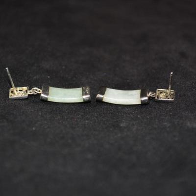 925 Sterling Curved Jade Hummingbird Drop Earrings, 4.9g