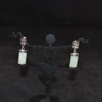 925 Sterling Curved Jade Hummingbird Drop Earrings, 4.9g