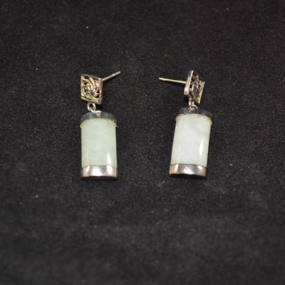 925 Sterling Curved Jade Hummingbird Drop Earrings, 4.9g