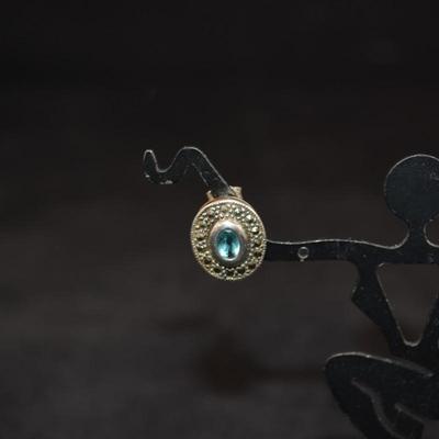 925 Sterling Earrings with Marcasite & Aqua Marine Glass 3.3g