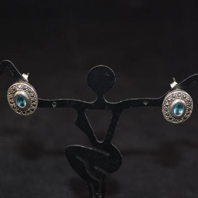 925 Sterling Earrings with Marcasite & Aqua Marine Glass 3.3g