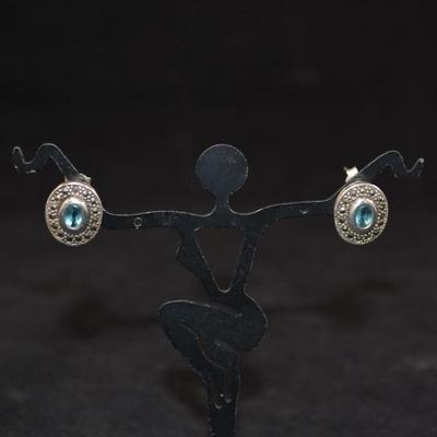 925 Sterling Earrings with Marcasite & Aqua Marine Glass 3.3g