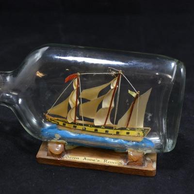 Small Vintage â€œQueen Anneâ€™s Revengeâ€ Ship In A Bottle 6x3.5