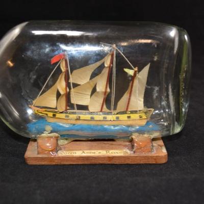 Small Vintage â€œQueen Anneâ€™s Revengeâ€ Ship In A Bottle 6x3.5