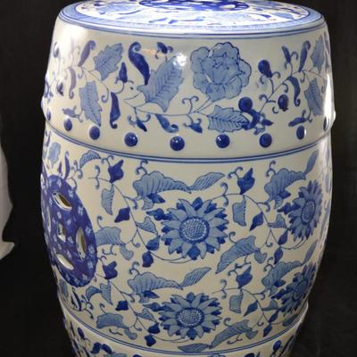 Asian Ceramic Floral Blue & White Garden Seat/Stool 18â€x13â€