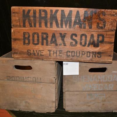 3 Antique/Vintage Wood Crates BORAX, Shenandoah Vinegar Corp + More