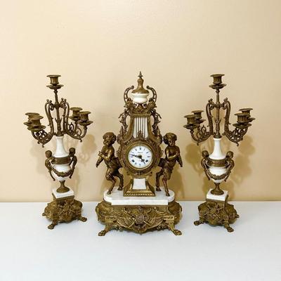 BREVETTATO ~ 3 Pc Italian Imperial Working Clock & Matching Candelabras