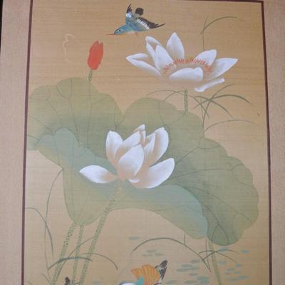 Vintage 4 Panel Hand Painted Asian Wall Hangings 36â€x18â€ Each