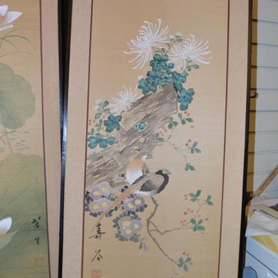Vintage 4 Panel Hand Painted Asian Wall Hangings 36â€x18â€ Each