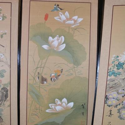 Vintage 4 Panel Hand Painted Asian Wall Hangings 36â€x18â€ Each