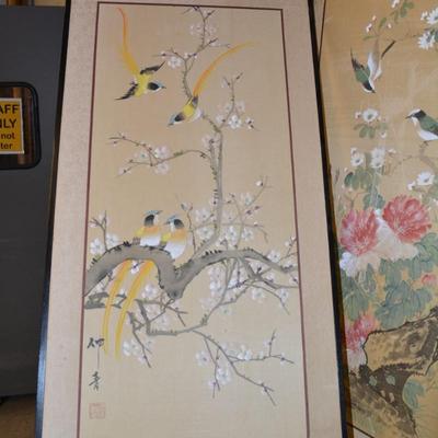 Vintage 4 Panel Hand Painted Asian Wall Hangings 36â€x18â€ Each