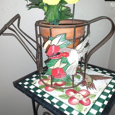 TILE TOP PLANT STAND AND SILK FLOWER ARRANGEMENT