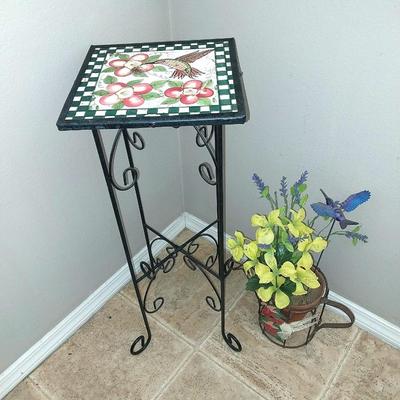 TILE TOP PLANT STAND AND SILK FLOWER ARRANGEMENT