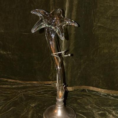 Vintage Hand Blown Lily Vase with Metal Base 15.5â€ Tall