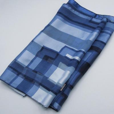 long Rectangular Scarf Mult-colored Blues polyester needs measurments and mAKER IF POSSIBLE