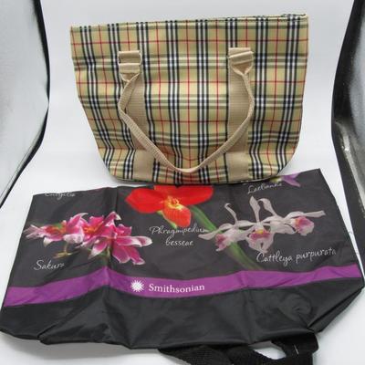 2 Small totes - lunch box - plaid and Smithsonian flowers