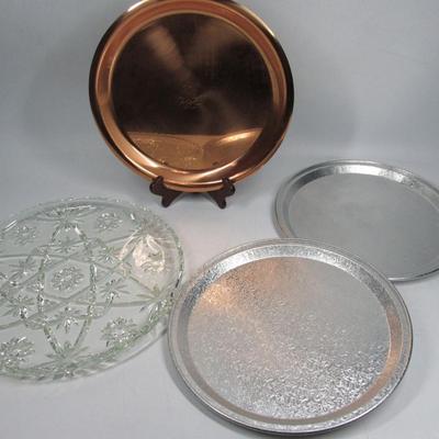 4 pc Lot - Round Party Platters - Copper, Glass, Aluminum