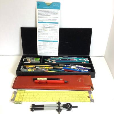 1144 Draft Lot with Pickett Slide Ruler and Case of Pencils