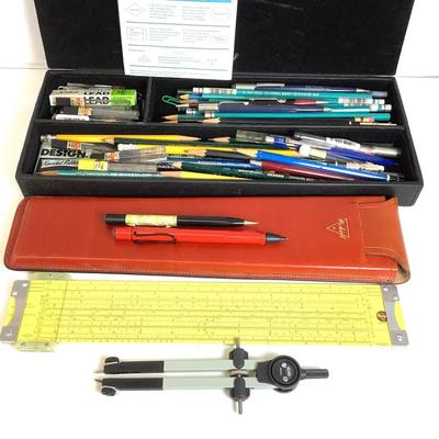 1144 Draft Lot with Pickett Slide Ruler and Case of Pencils