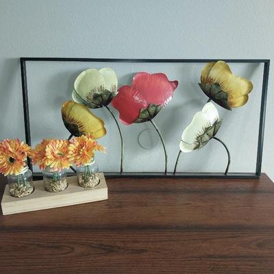 WALL HUNG FRAMED POPPY FLOWERS AND SILK FLOWERS IN JARS