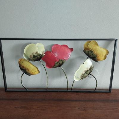 WALL HUNG FRAMED POPPY FLOWERS AND SILK FLOWERS IN JARS