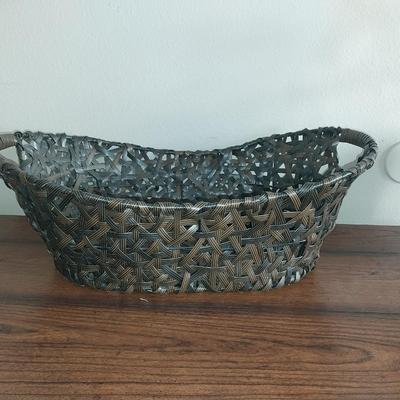 WEAVED BASKET, METAL PAIL AND DRIED FOLIAGE IN A POT