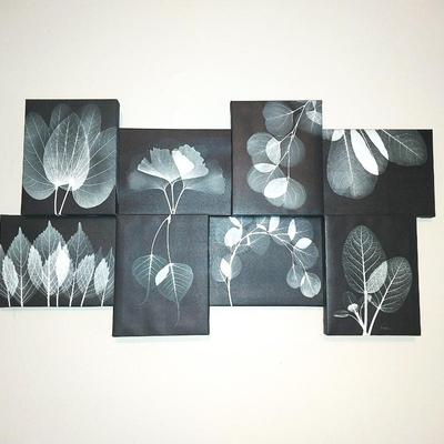 STAGGERED PICTURES ON CANVAS AND 2 WALL SCONCES