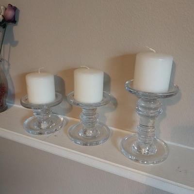 3 GLASS CANDLE HOLDERS W/CANDLES
