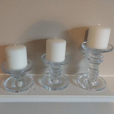 3 GLASS CANDLE HOLDERS W/CANDLES