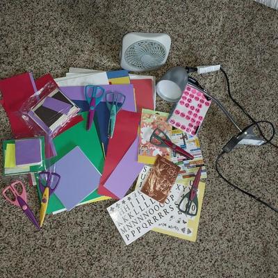 SCRAPBOOKING SUPPLIES WITH A SMALL FAN & DESK LAMP