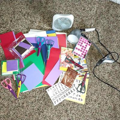 SCRAPBOOKING SUPPLIES WITH A SMALL FAN & DESK LAMP