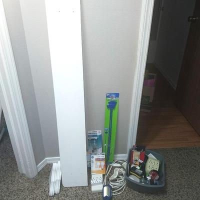 LONG WALL SHELF, LIGHT BULBS, MULTI OUTLETS, DRAIN CLEANER AND MORE